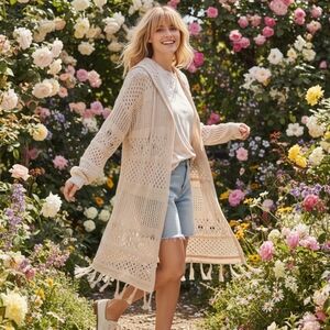 Moral Fiber Lightweight Pointelle Oatmeal Hooded Fringe Cardigan - Size 2X